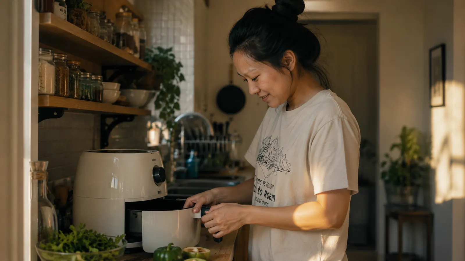 Compact white air fryer sitting on a small apartment kitchen counter next to a bowl of fresh vegetables