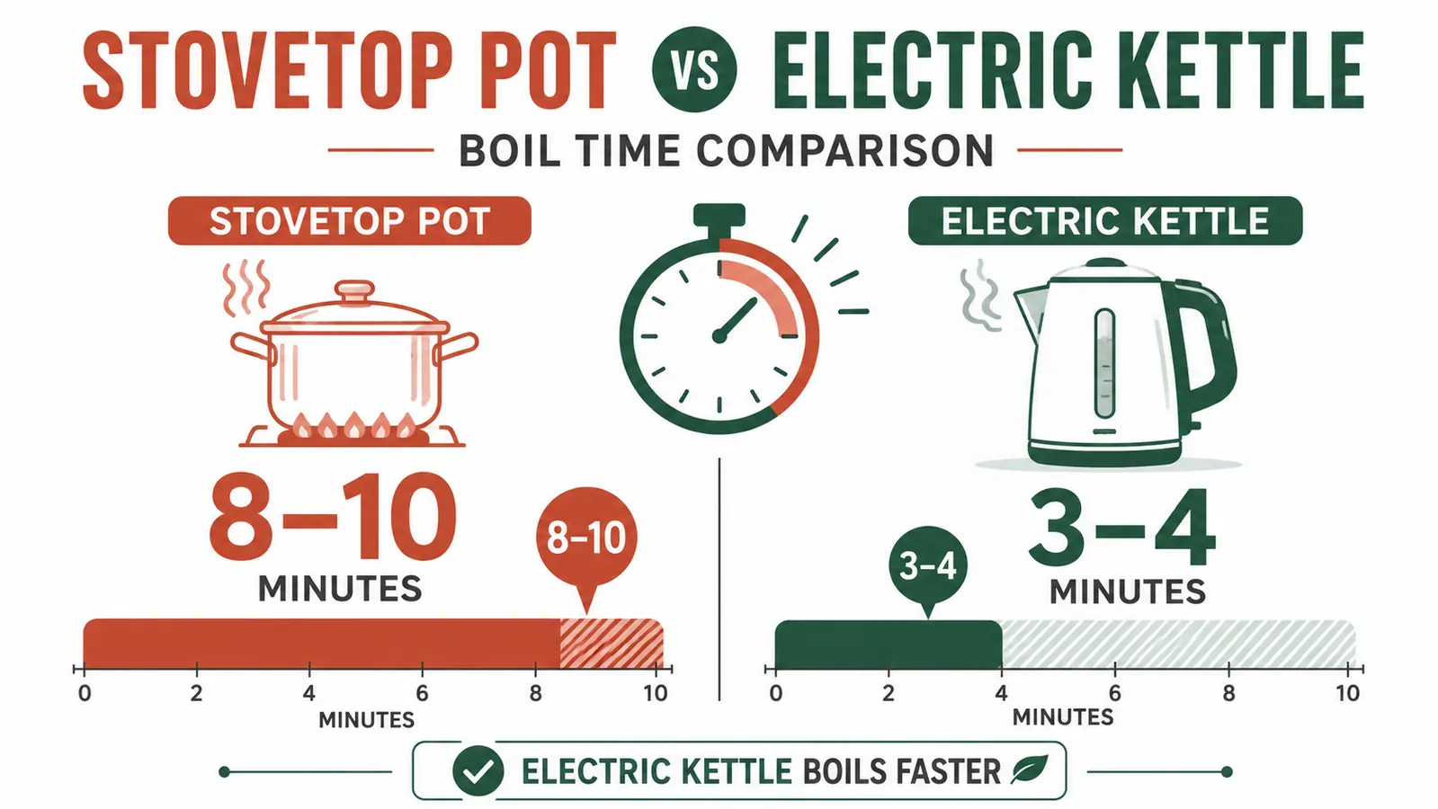 Side-by-side comparison showing boil times: stovetop pot versus electric kettle