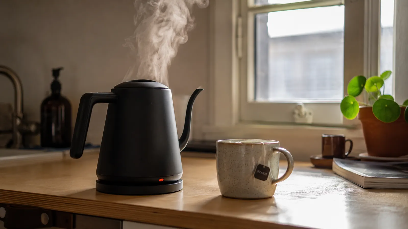 Cosori electric kettle on a small kitchen counter next to a mug of tea