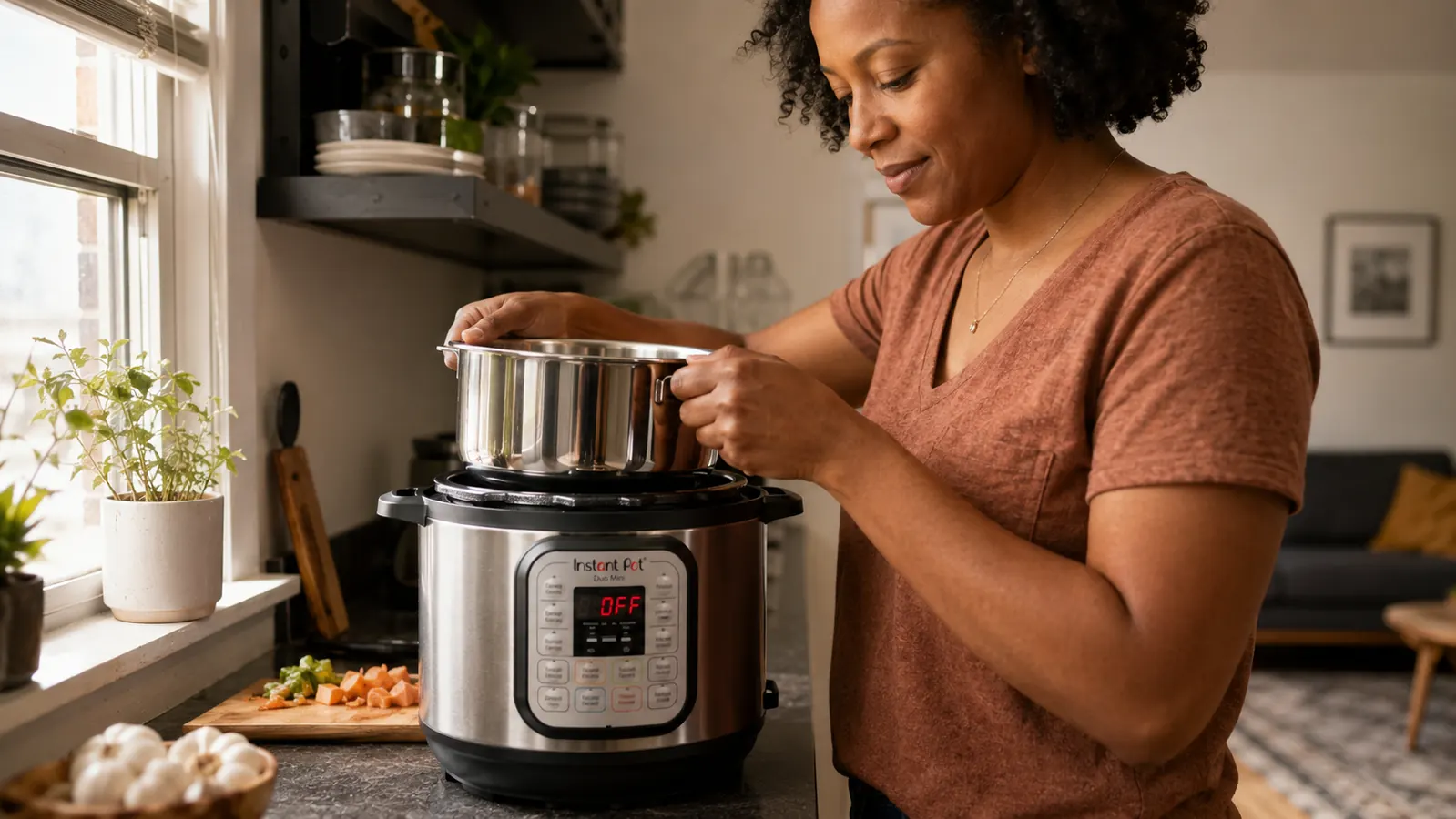 Hand placing the Instant Pot Mini inner pot into the base on a small kitchen counter