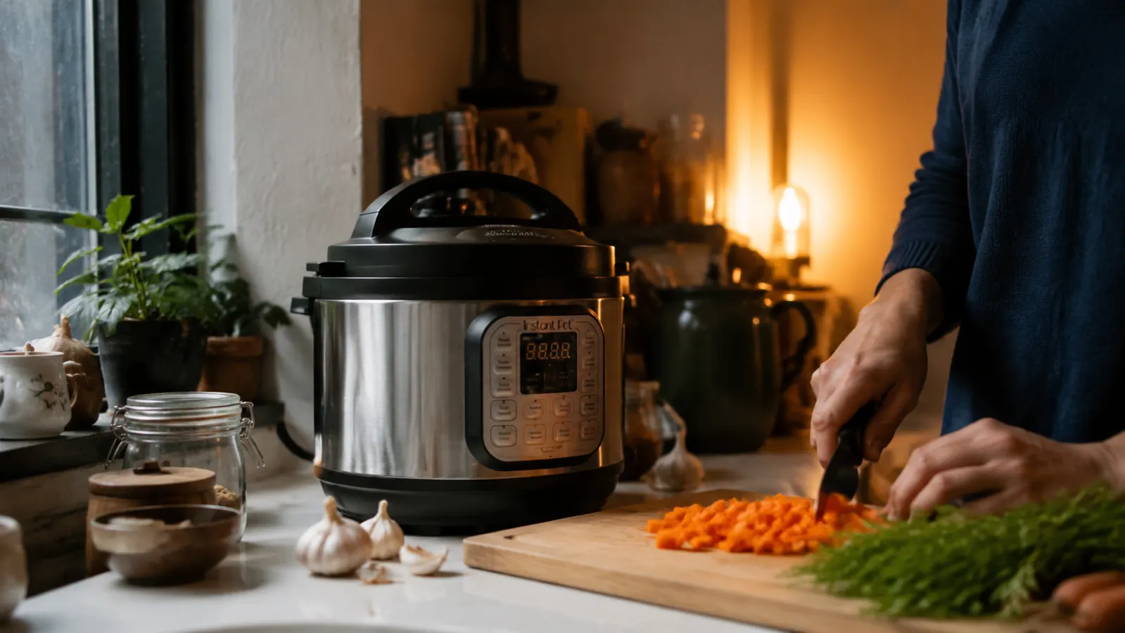Instant Pot Duo Mini 3-quart sitting on a small apartment kitchen counter next to a cutting board and fresh vegetables