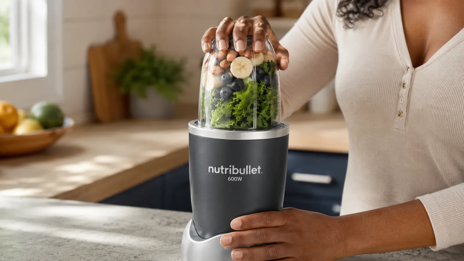Hand twisting the NutriBullet cup onto the blender base to start blending