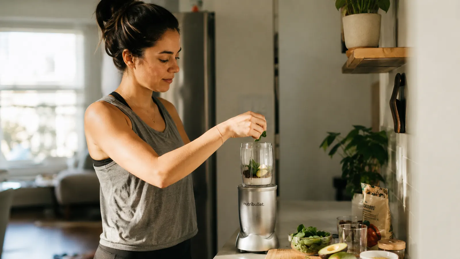 NutriBullet personal blender sitting on a small apartment kitchen counter next to a smoothie cup