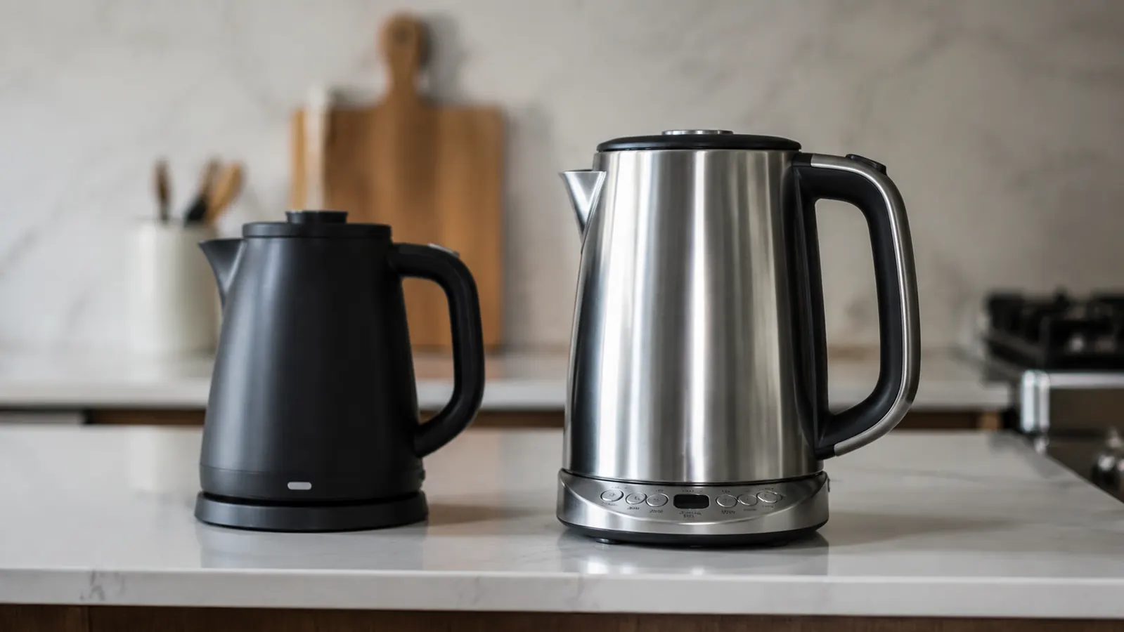 Two electric kettles side by side on a kitchen counter showing size difference between a compact budget model and a larger variable temperature model