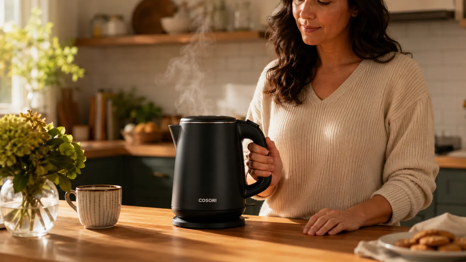 Cosori kettle steam rising as water boils, kettle on its base on a wooden counter