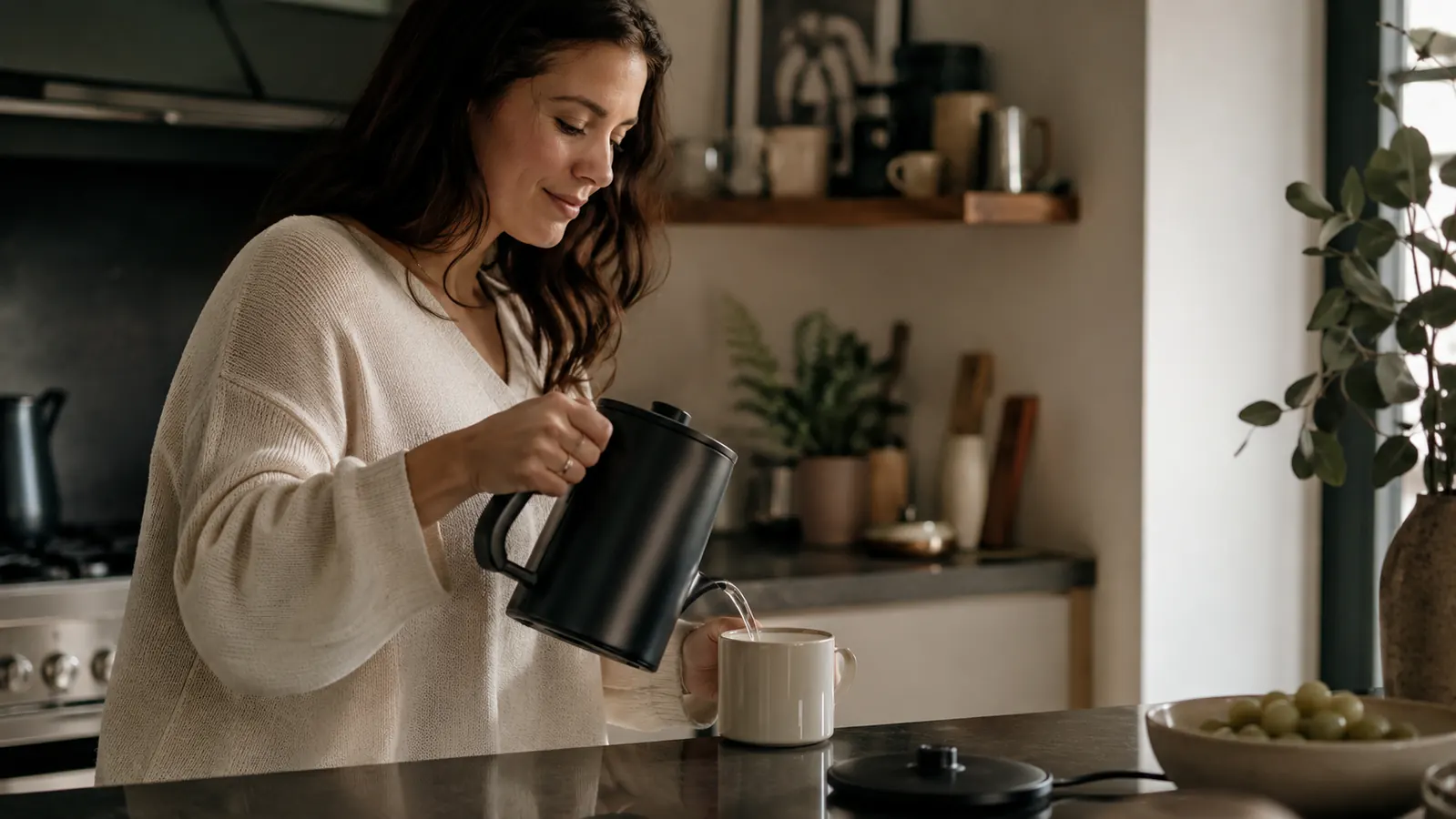 Cosori black electric kettle on a small kitchen counter next to a mug and loose-leaf tea tin