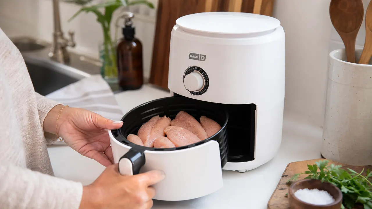 Hand placing frozen chicken tenders into the basket of a Dash compact air fryer