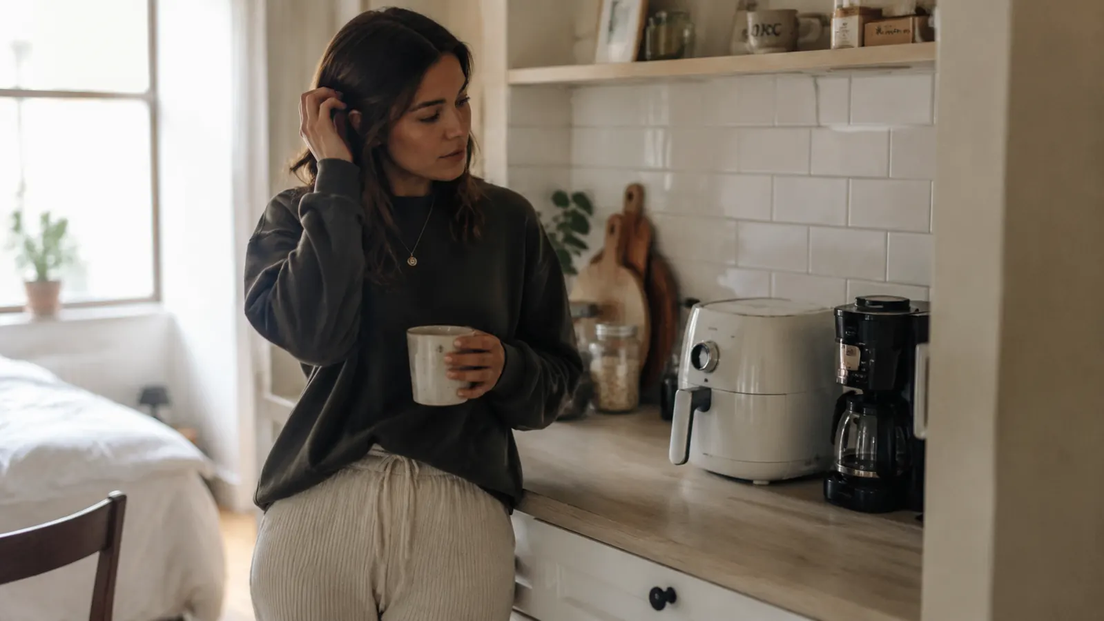 Small studio apartment kitchen with limited counter space and a compact white air fryer sitting next to a coffee maker