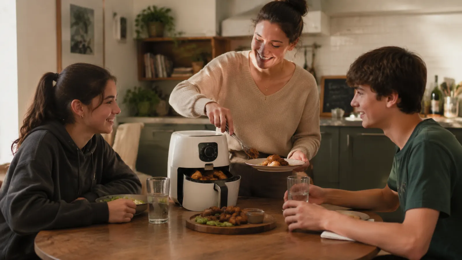 Mom serving air-fried snacks to two teenagers at a small kitchen table