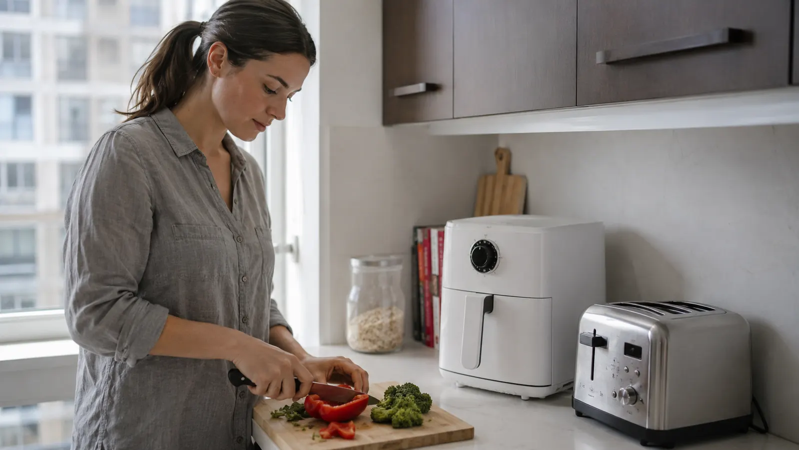 Compact white Dash air fryer stored under a cabinet next to a toaster, showing how little counter space it uses