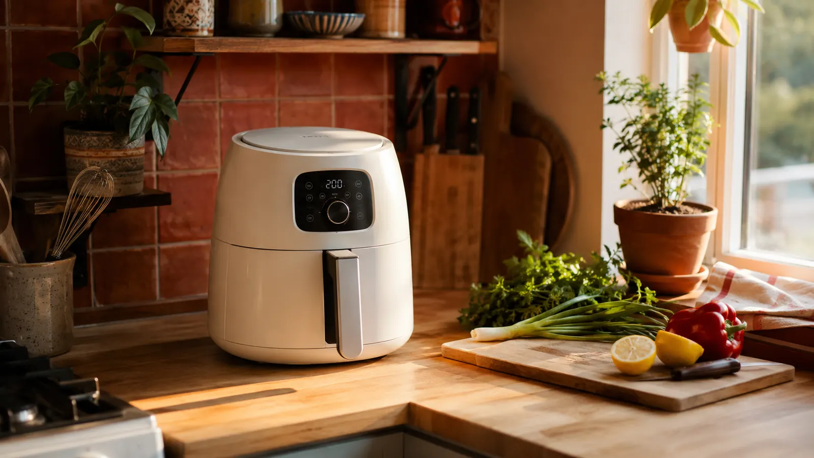 Dash Tasti-Crisp white compact air fryer sitting on a small apartment kitchen counter next to a cutting board and a bowl of vegetables