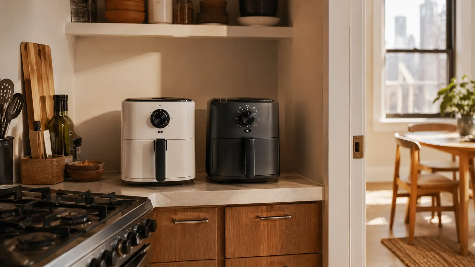 Two compact air fryers side by side on a small apartment kitchen counter with warm morning light