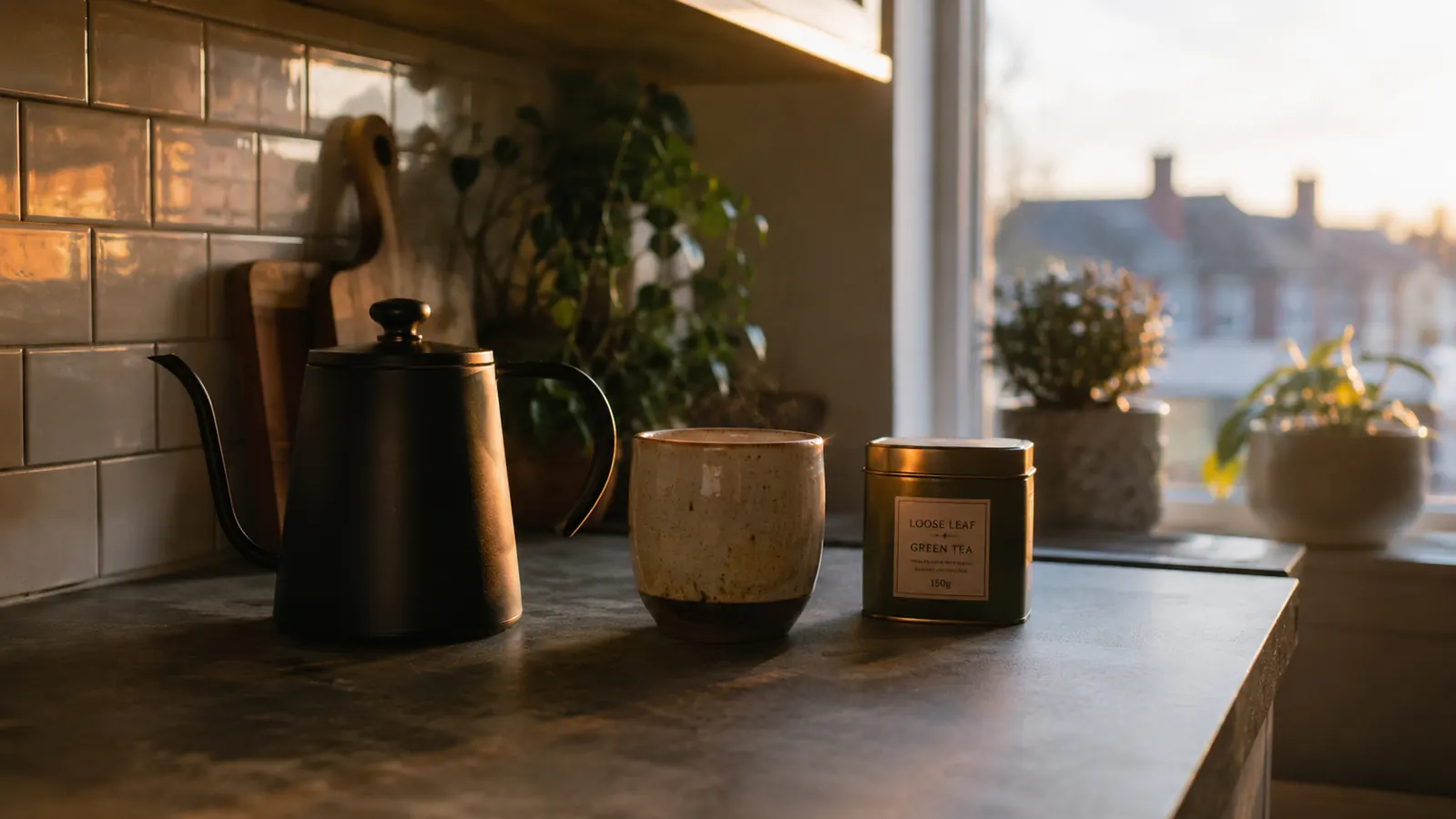 A matte black electric kettle on a small apartment kitchen counter next to a ceramic mug and a tea tin, soft morning window light