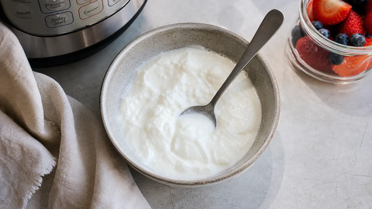 Overhead shot of a bowl of homemade yogurt next to the Instant Pot Mini, with a small jar of fruit on the side, on a kitchen table