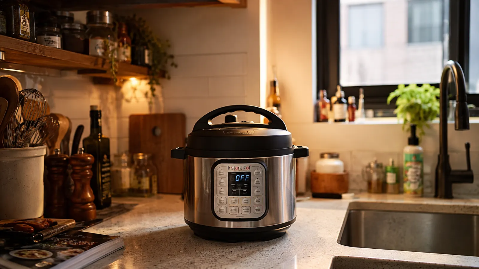 Small apartment kitchen counter with the Instant Pot Duo Mini 3-quart sitting in the cleared space where four appliances used to crowd together