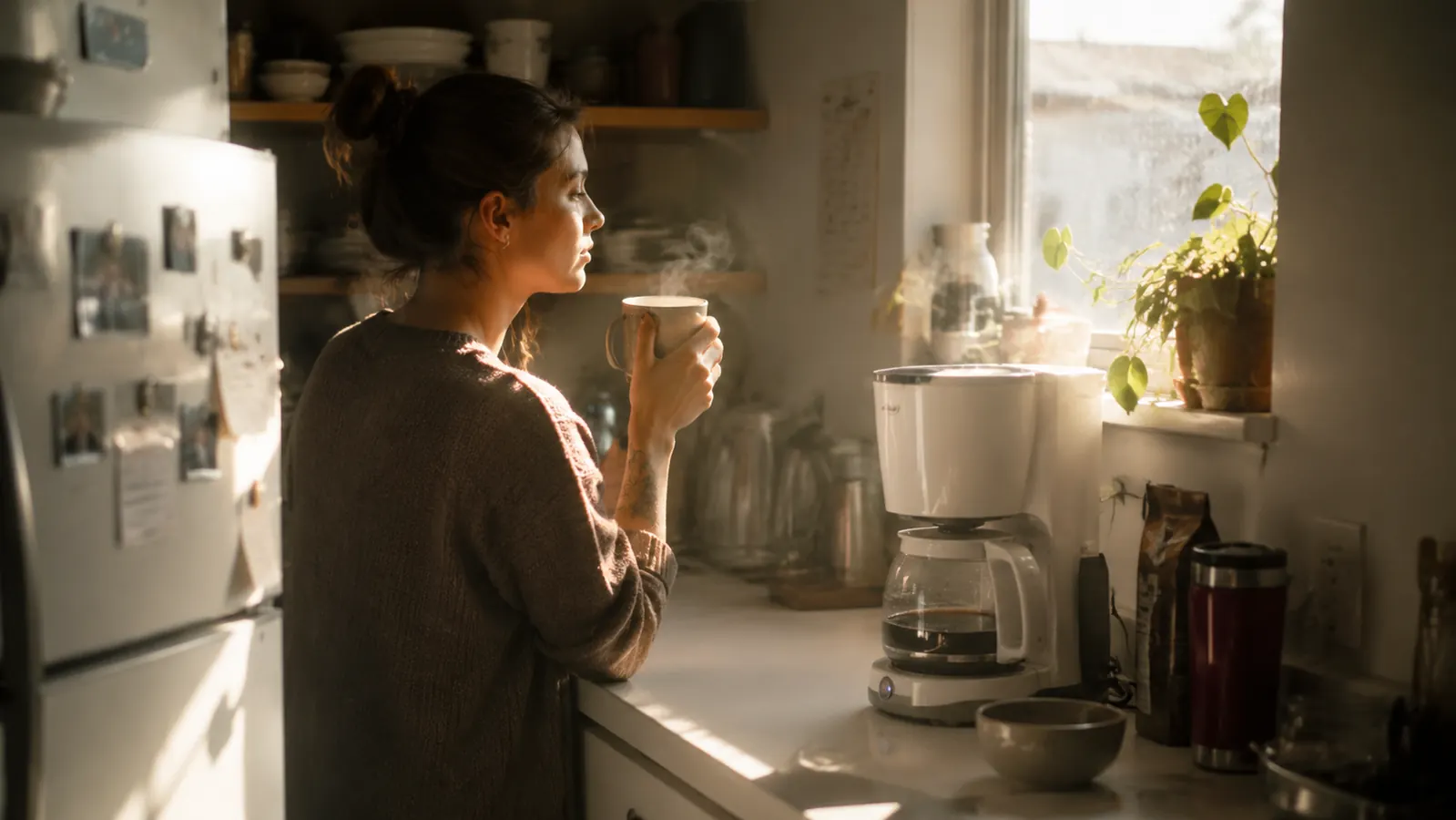 Warm morning light on a small apartment kitchen counter with a compact coffee maker and a steaming mug