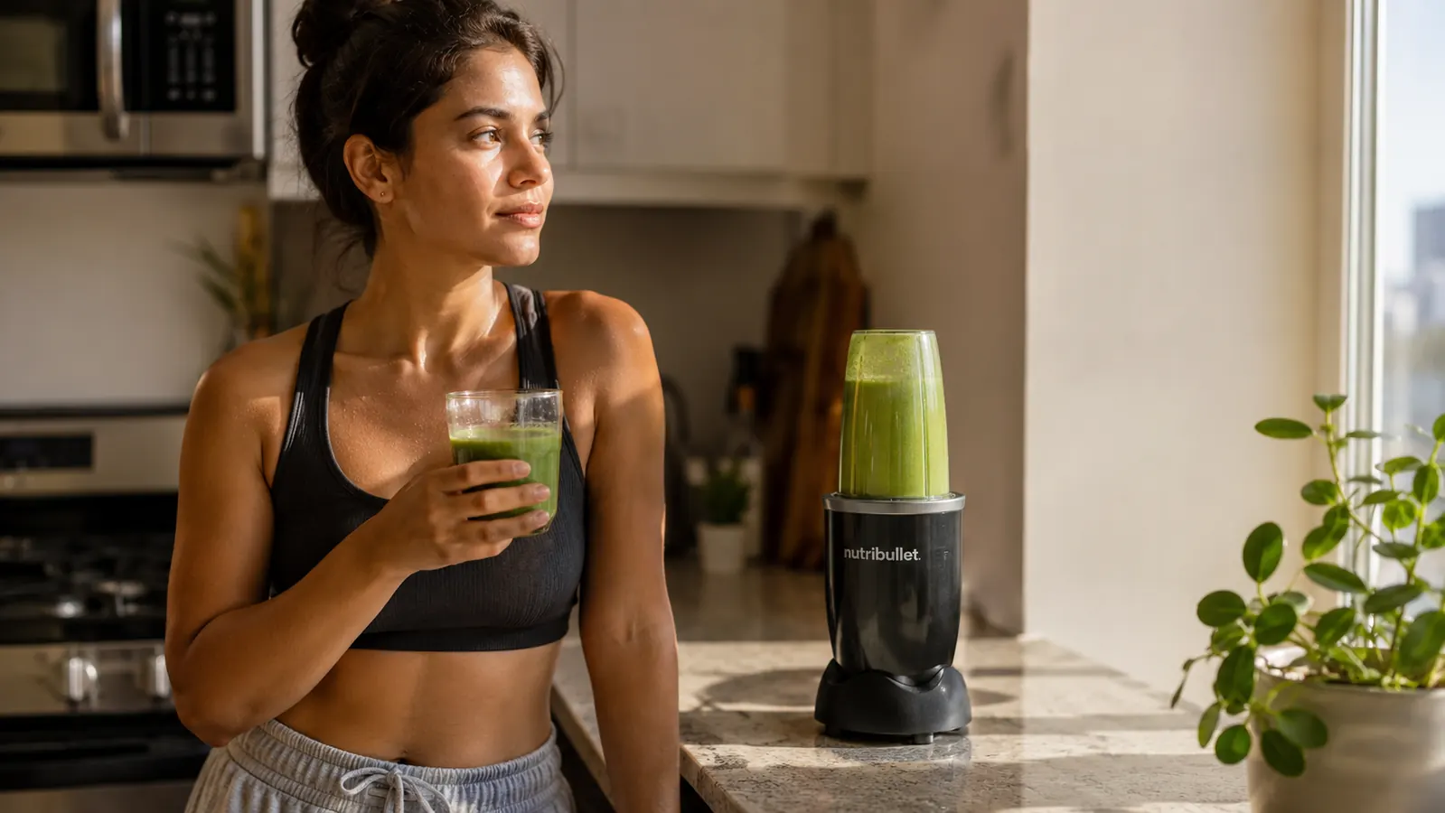 A compact NutriBullet personal blender on a small kitchen counter next to a glass of green smoothie, warm morning light through a window