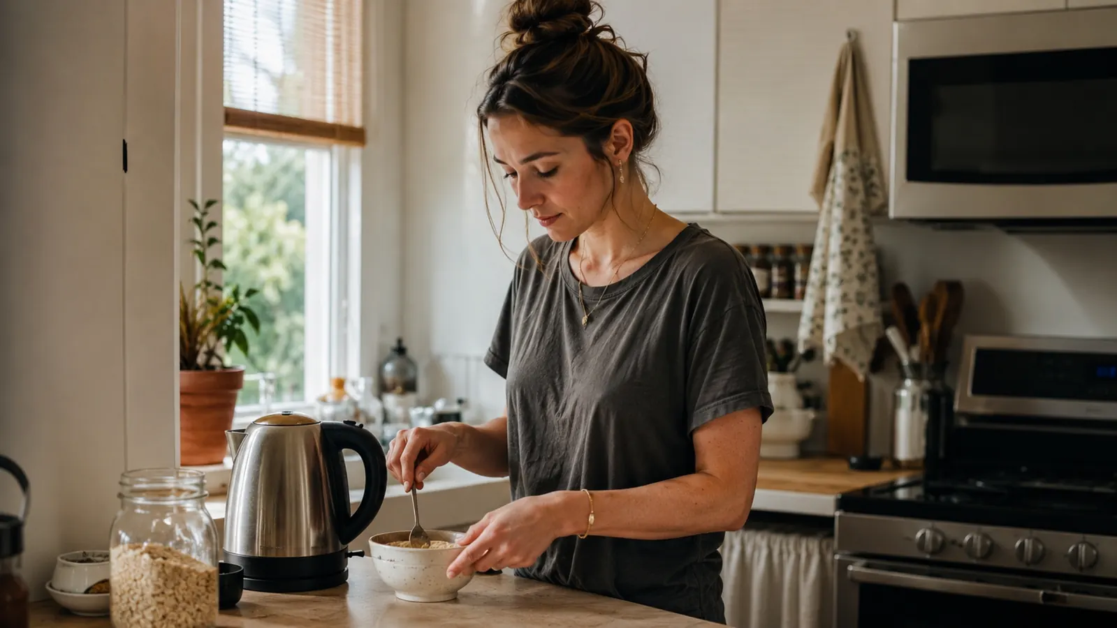 Woman in a small apartment kitchen using an electric kettle to make instant oatmeal quickly