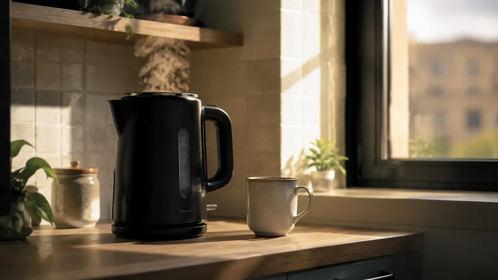 Electric kettle on a small apartment kitchen counter next to a mug, morning light through a window