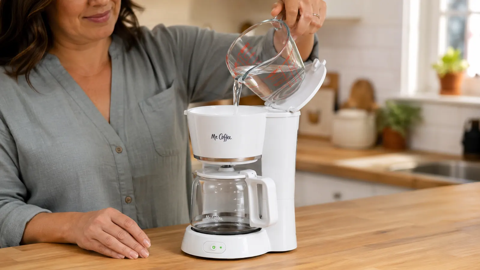 Hand pouring filtered water from a measuring cup into the back reservoir of the Mr. Coffee 5-Cup Mini
