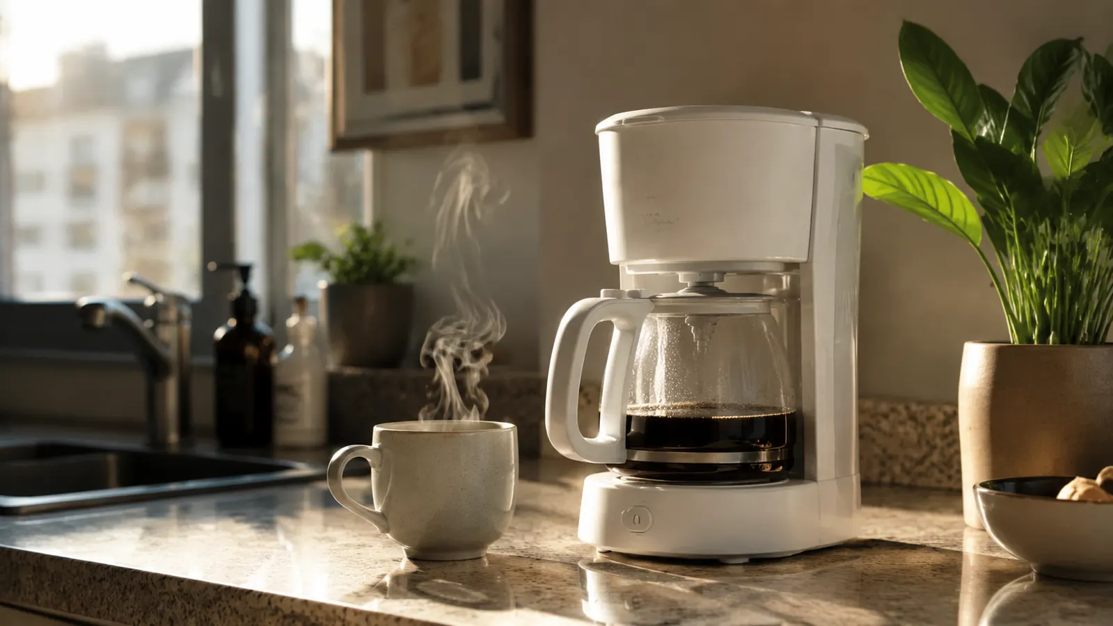 A compact white Mr. Coffee 5-Cup Mini drip coffee maker on a small kitchen counter with a steaming mug of coffee beside it, warm morning light through a window
