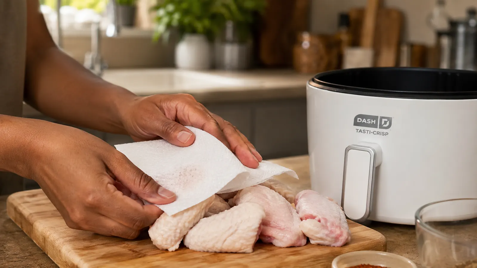 Hand patting chicken wings dry with a paper towel before placing them into an air fryer basket