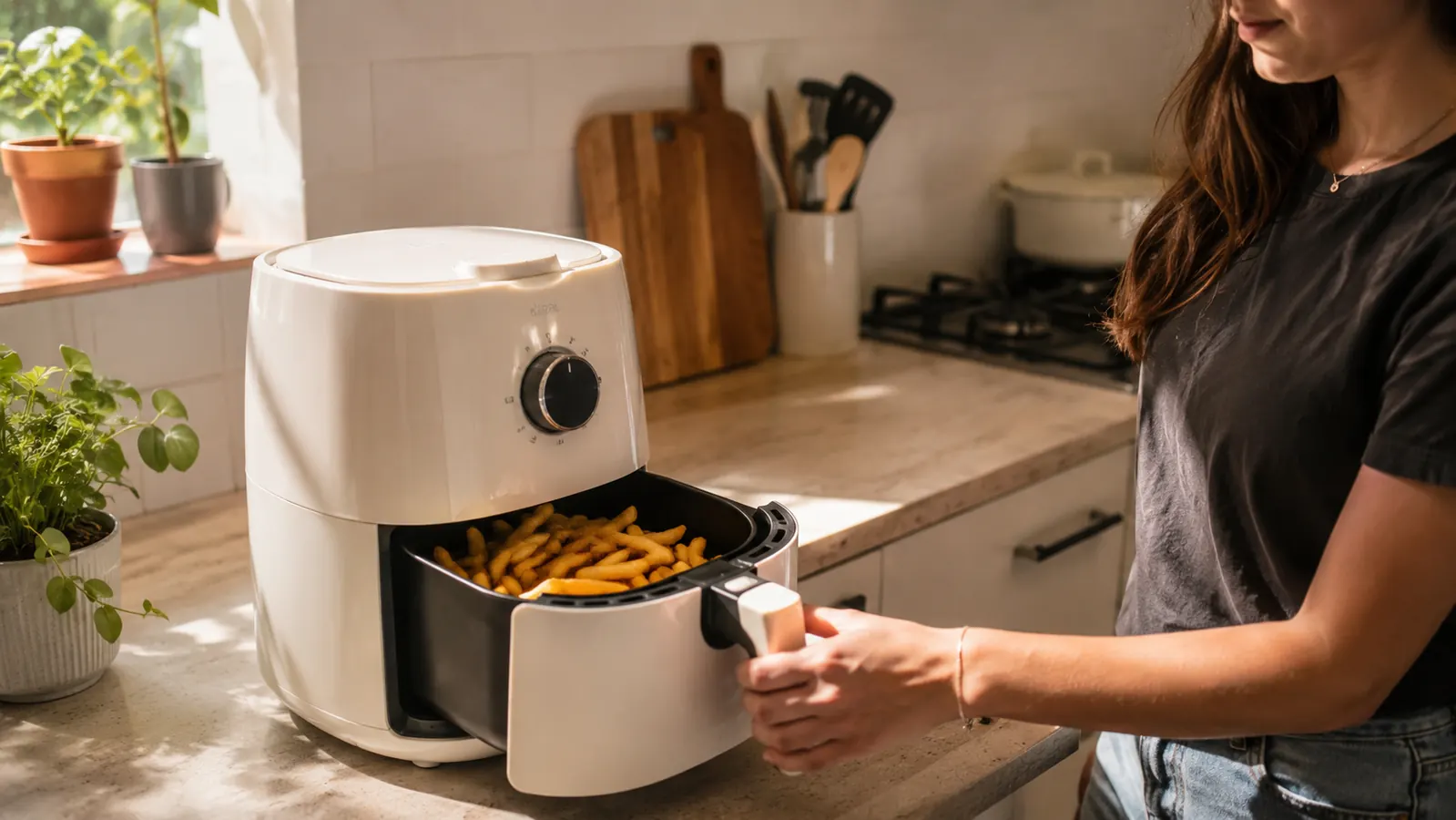 Golden crispy french fries in a small white air fryer basket on a compact apartment kitchen counter