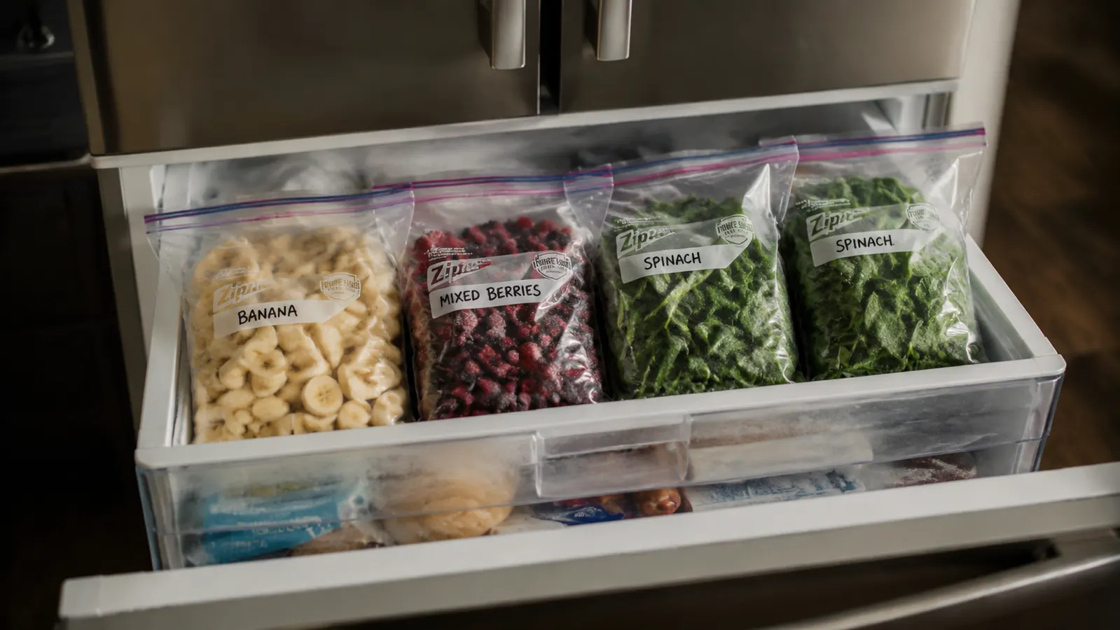 Freezer drawer organized with labeled zip-lock bags of pre-portioned smoothie ingredients