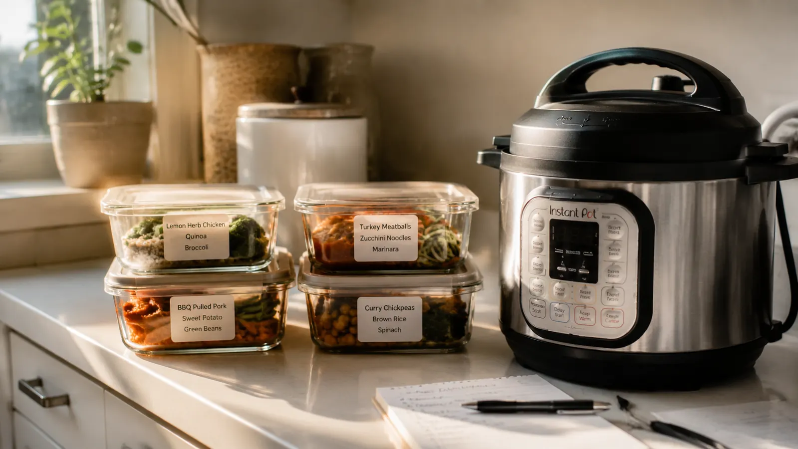 Instant Pot Duo Mini 3-quart on a small apartment kitchen counter next to a row of labeled glass meal prep containers