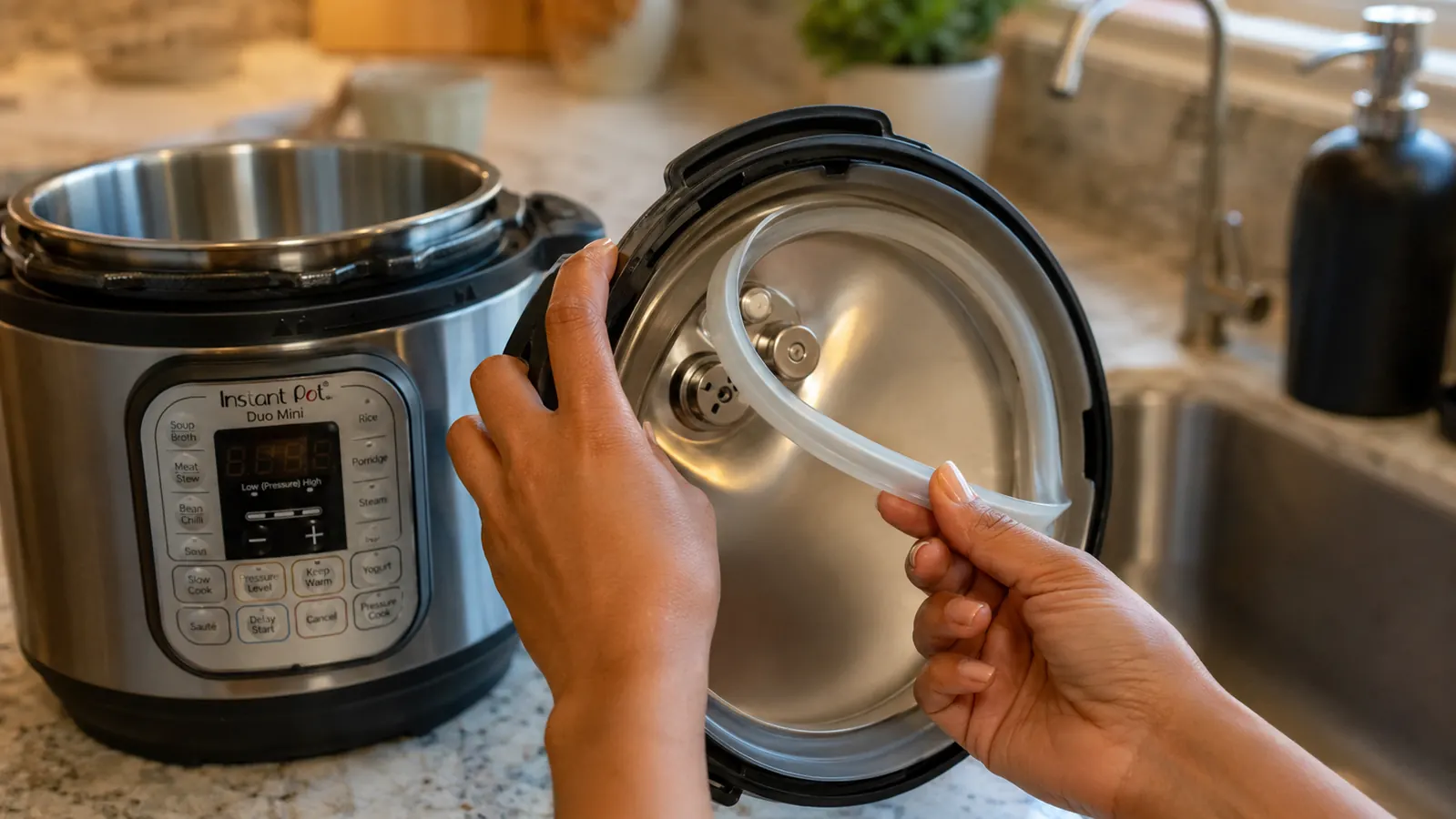 Close-up of the Instant Pot Duo Mini sealing ring being removed from the lid for cleaning