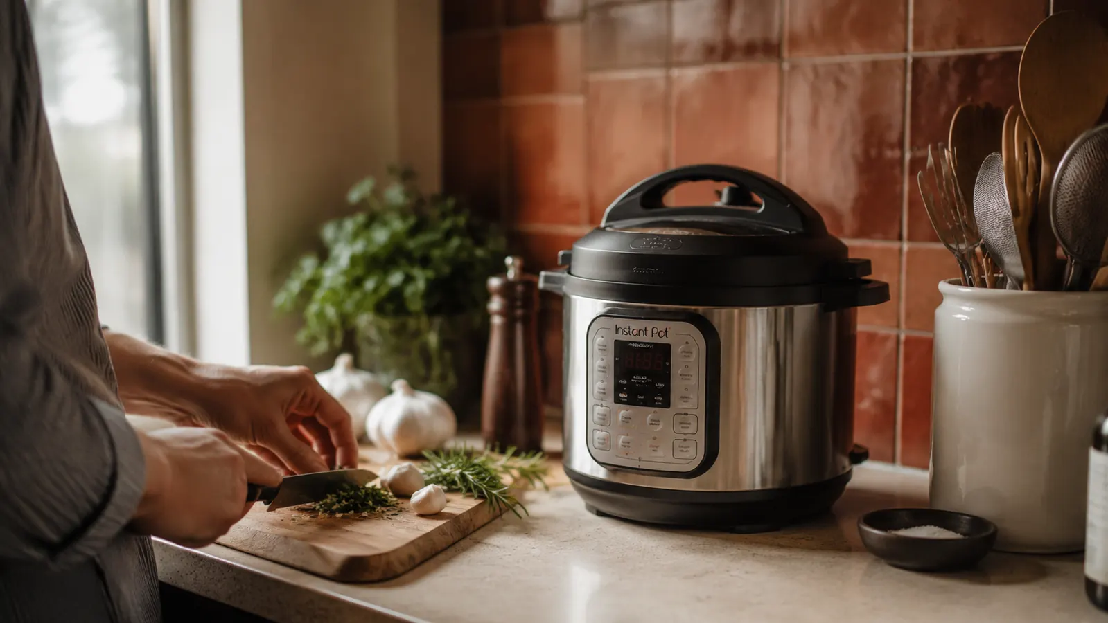 Instant Pot Duo Mini 3-quart on a small apartment kitchen counter next to a cutting board and herbs