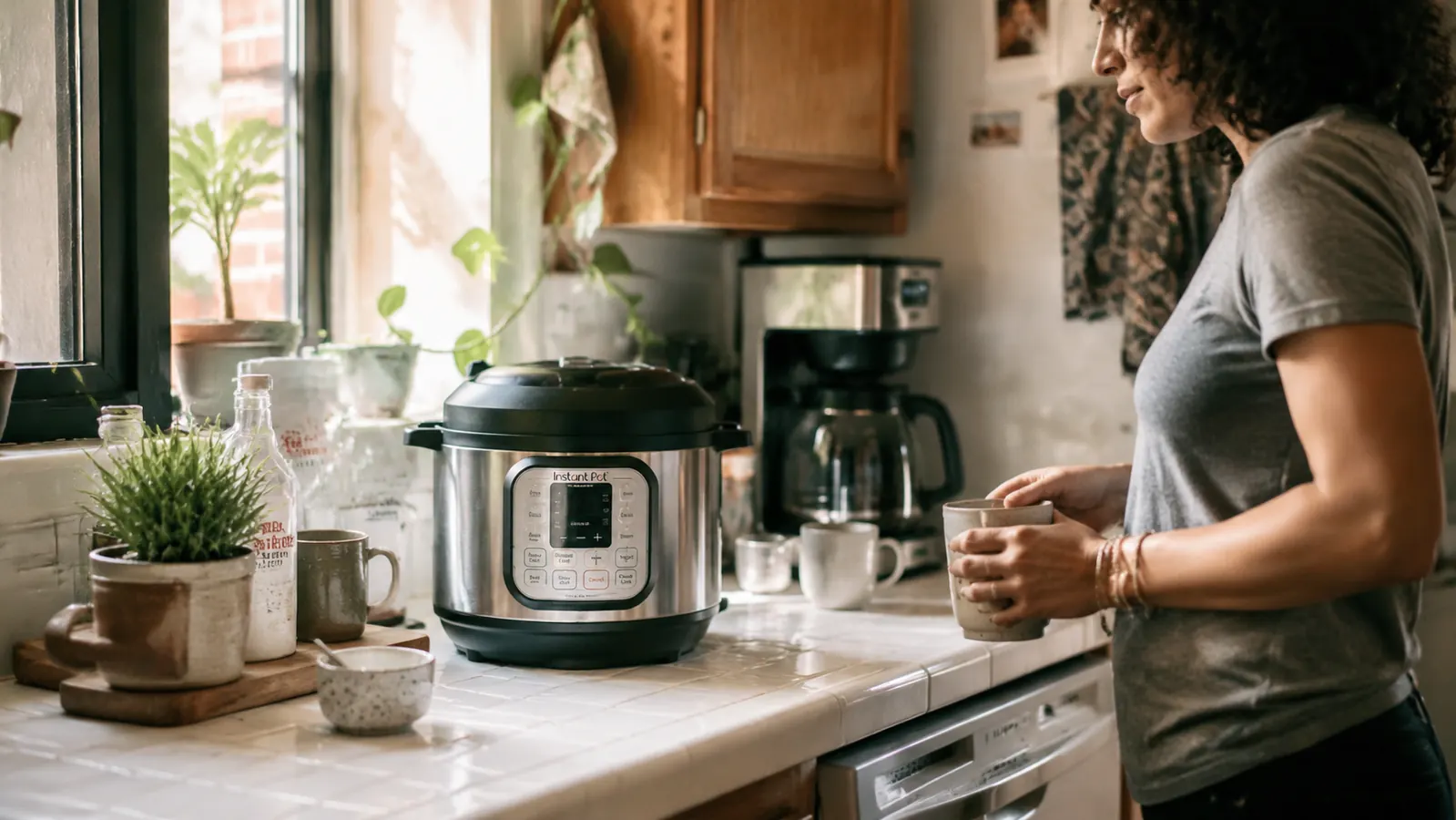Instant Pot Duo Mini 3-quart on a small apartment kitchen counter next to a coffee maker, showing how compact it is
