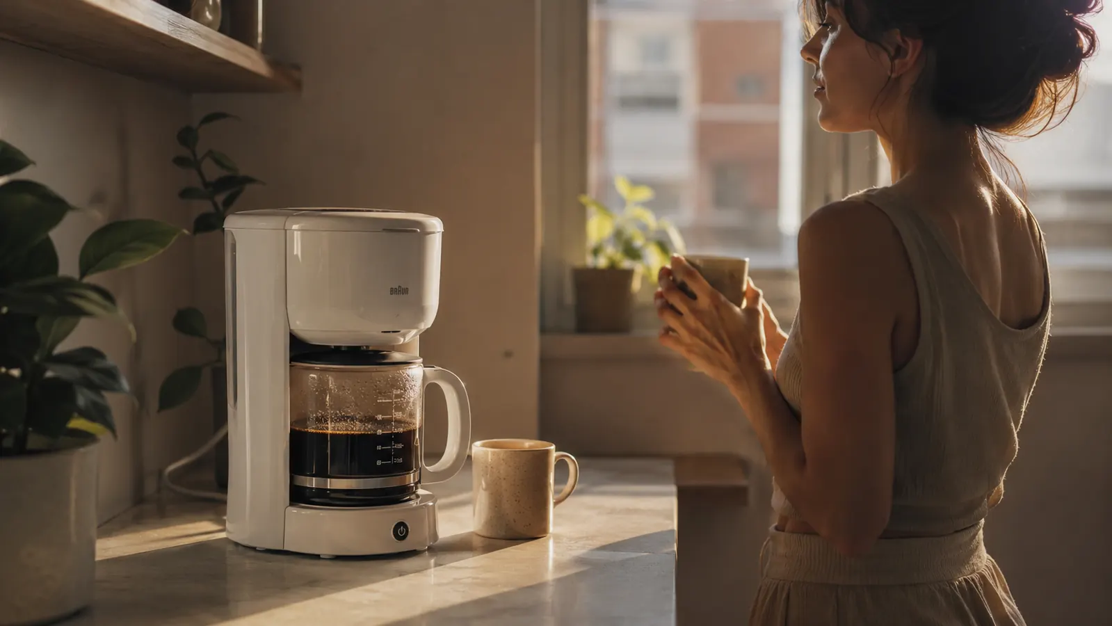 Mr. Coffee 5-Cup Mini Brew coffee maker on a small apartment kitchen counter next to a white mug, warm morning light