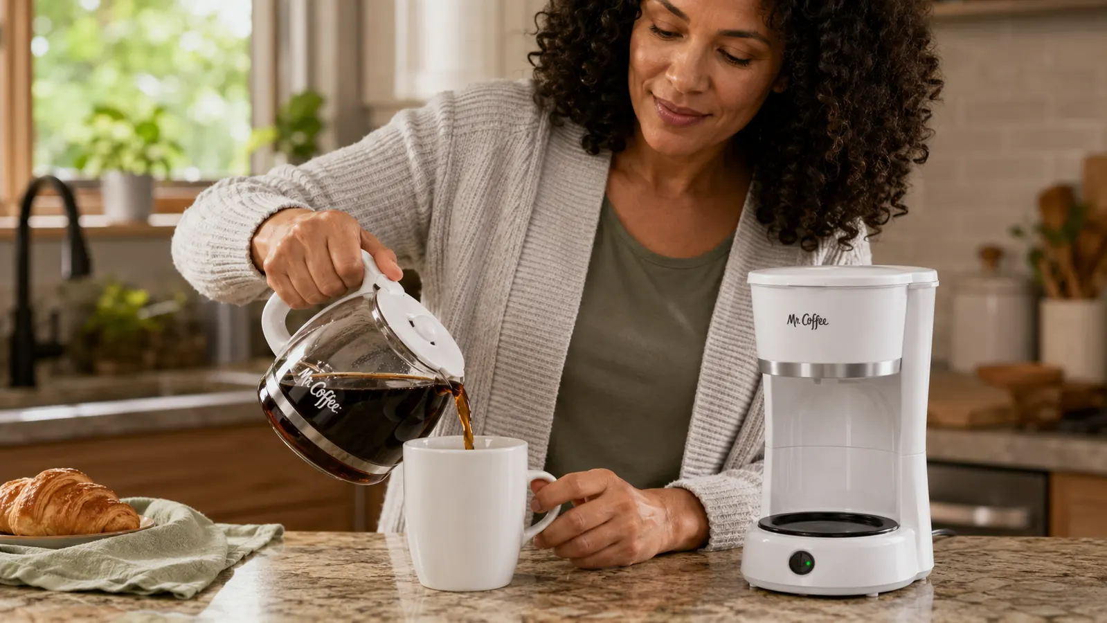 Hand pouring coffee from a glass carafe into a mug using the Mr. Coffee 5-Cup Mini