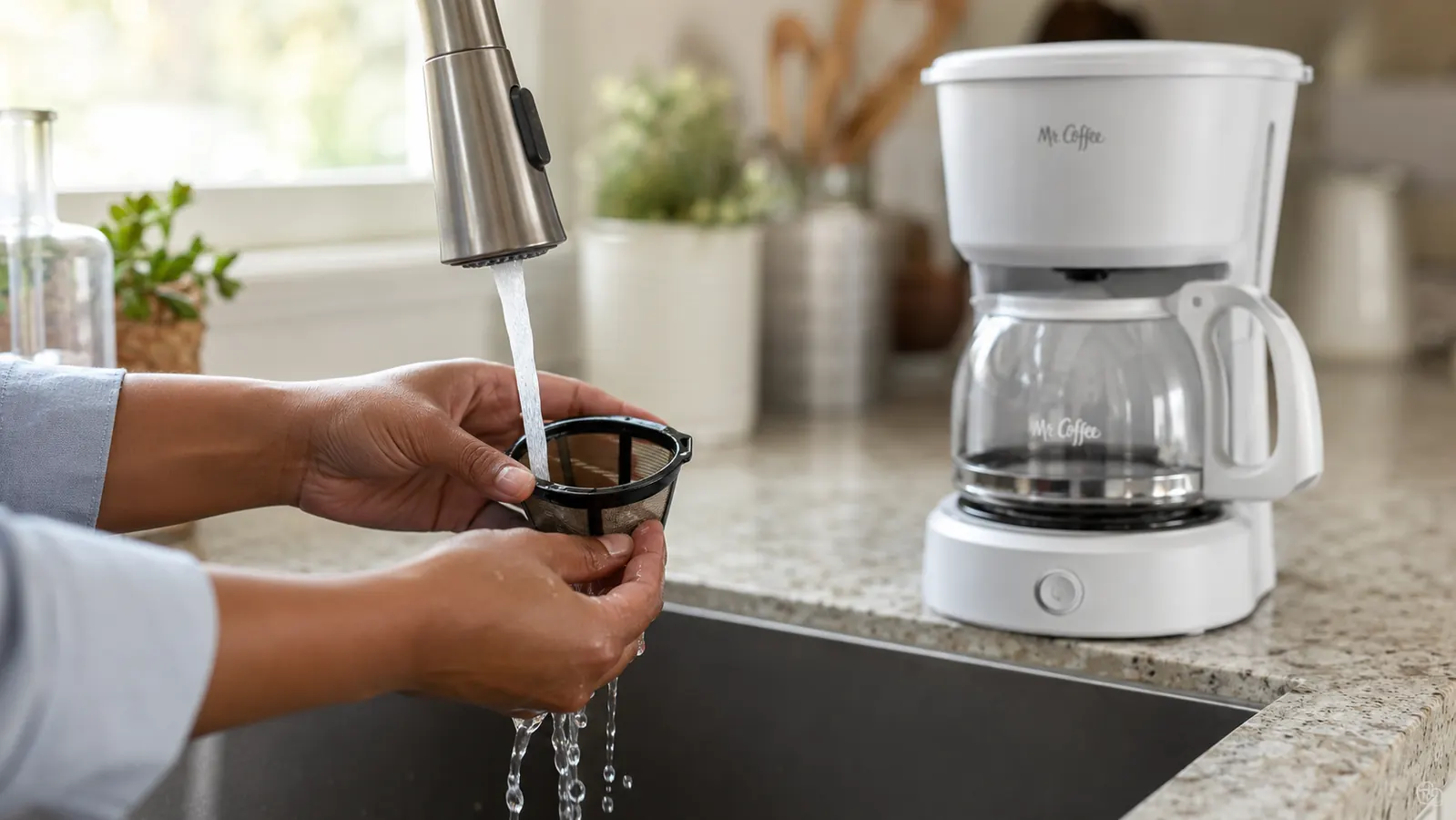 Close-up of the reusable filter basket from the Mr. Coffee 5-Cup Mini being rinsed under a faucet