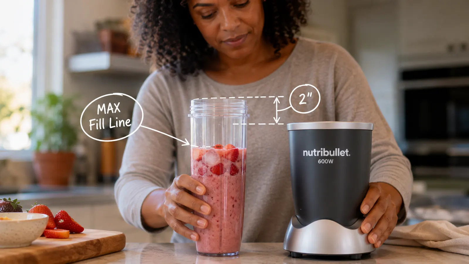 NutriBullet cup sitting beside a marked max-fill line diagram showing the correct fill level