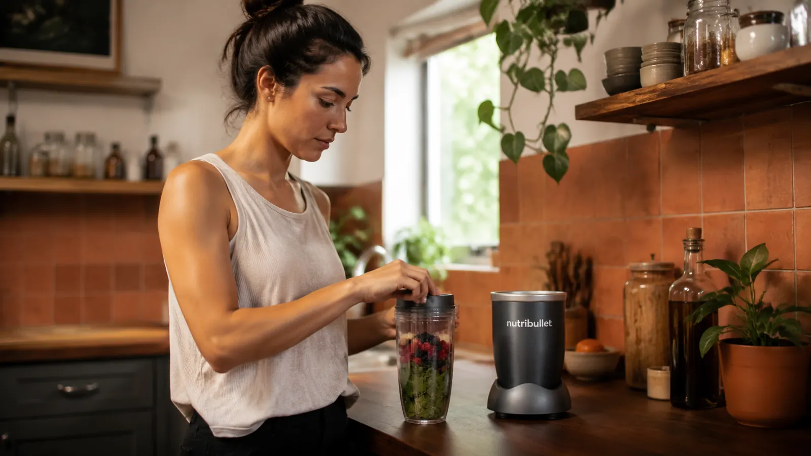 NutriBullet 600W personal blender on a small apartment kitchen counter next to a cup of frozen fruit ready to blend
