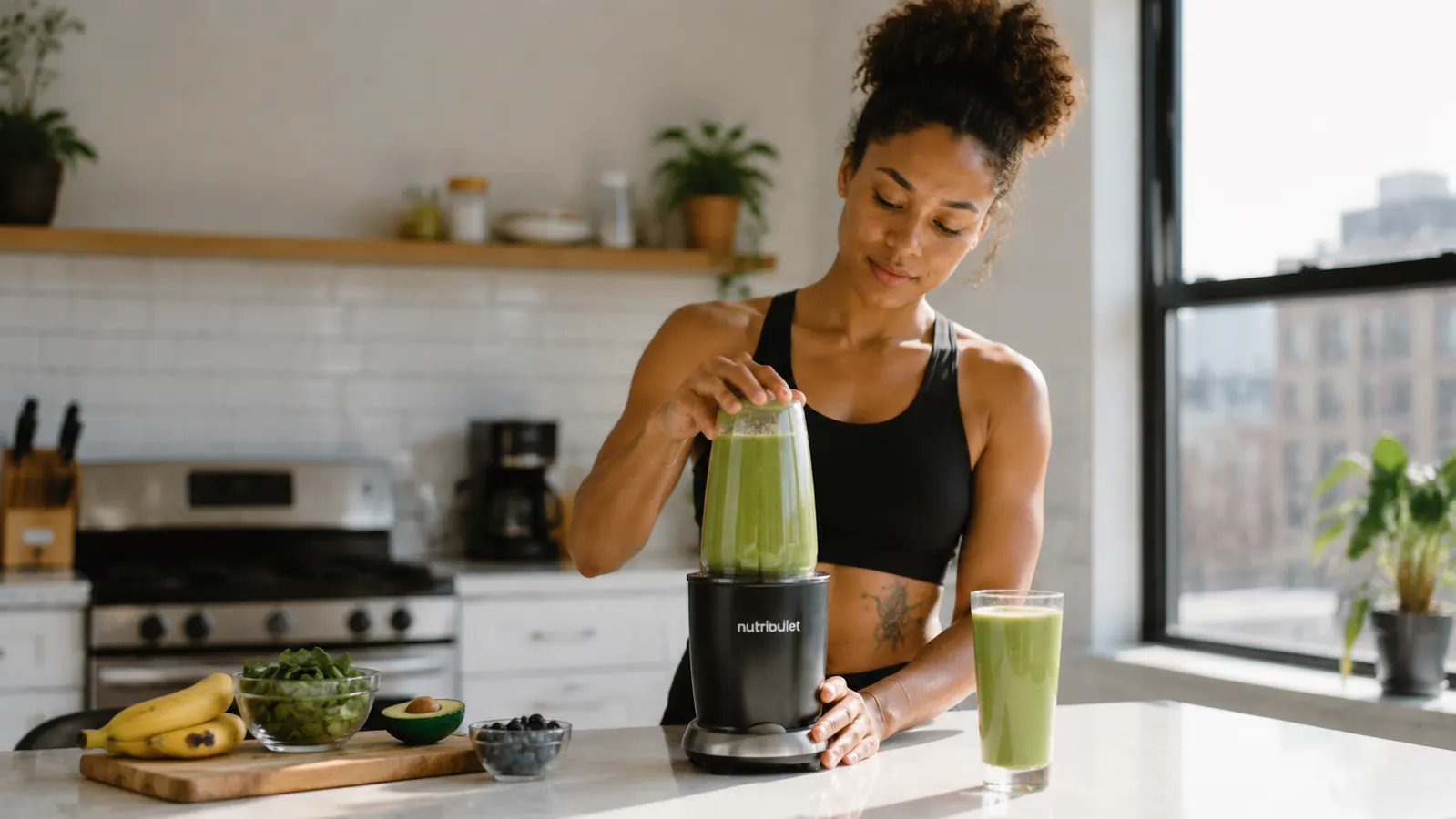 NutriBullet 600W personal blender on a small apartment kitchen counter next to a glass of green smoothie
